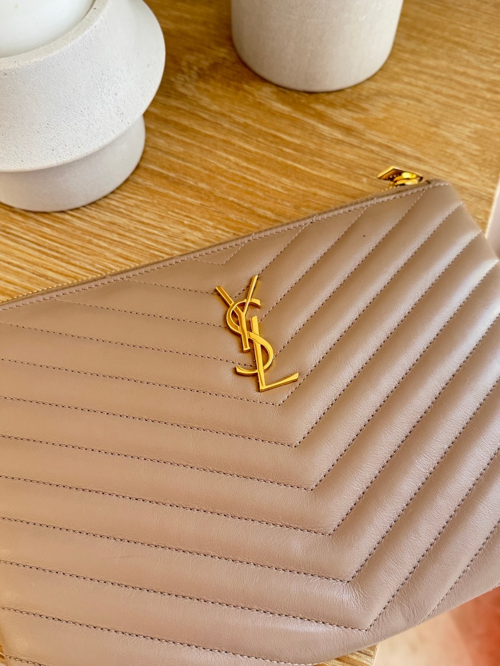 Yves Saint Laurent Tan Quilted Leather Clutch with Gold YSL Emblem - Picture 2 of 3